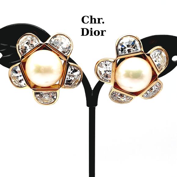 Vintage Christian Dior Faux Pearl Crystal Earrings Gold Plated Signed Chr. Dior - Picture 1 of 10